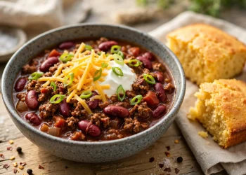 Bowl of beef chili con carne topped with sour cream, cheddar and green onions