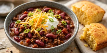 Bowl of beef chili con carne topped with sour cream, cheddar and green onions