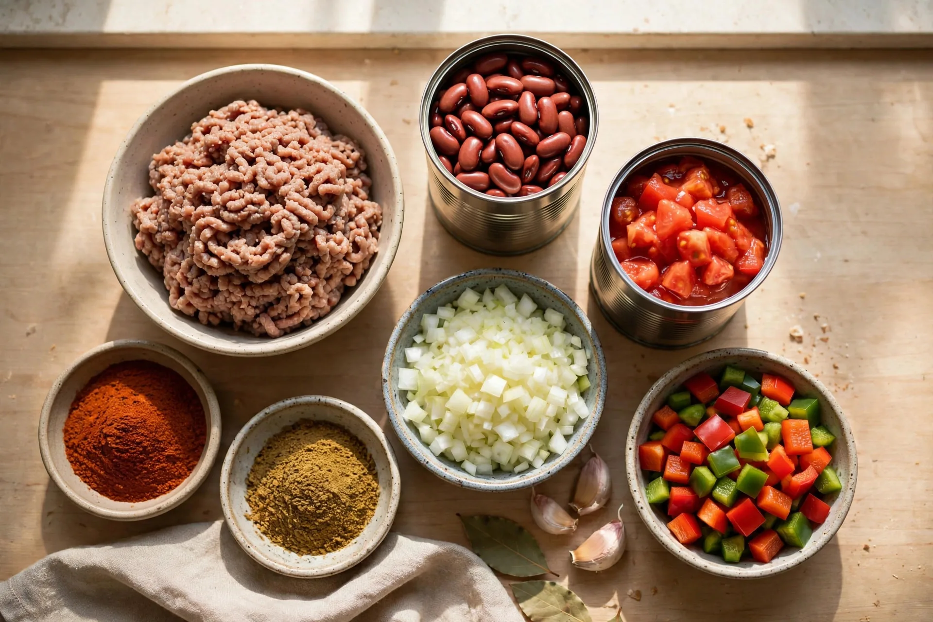 Ingredients for beef chili: ground beef, kidney beans, diced tomatoes, onion, peppers and chili spices