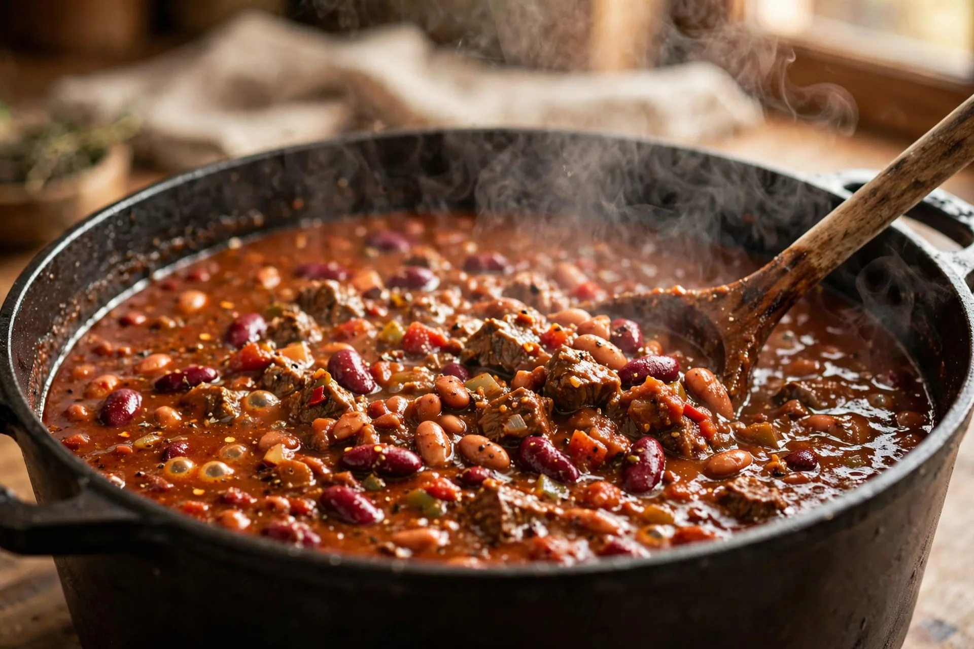 Beef chili simmering in a large pot with steam rising