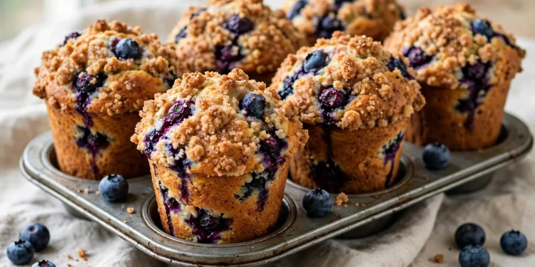 Tall blueberry muffins with golden cinnamon streusel topping and bursting berries in a muffin tin