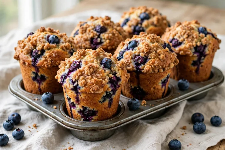 Tall blueberry muffins with golden cinnamon streusel topping and bursting berries in a muffin tin