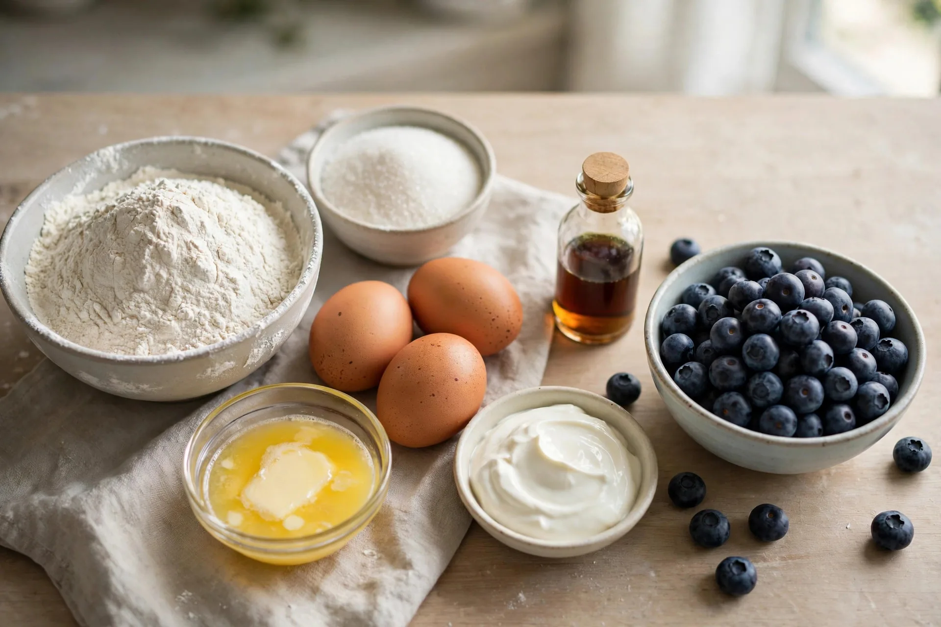 Flour, sugar, eggs, butter, sour cream, vanilla, and a bowl of fresh blueberries on a kitchen counter