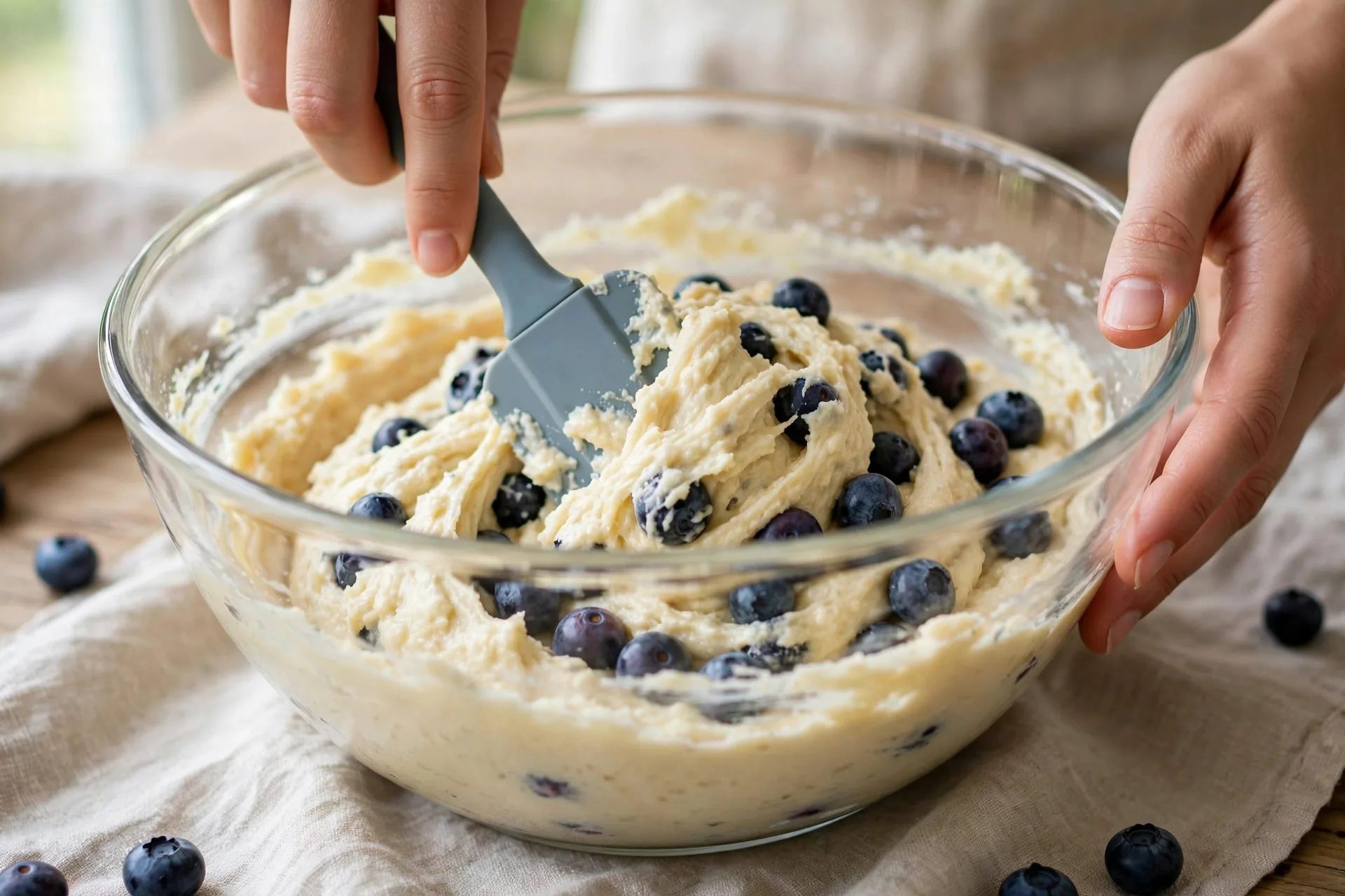 Hands gently folding fresh blueberries into thick muffin batter with a spatula in a glass bowl