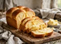 A golden buttery brioche loaf sliced to show its feathery tender yellow crumb, on a wooden cutting board