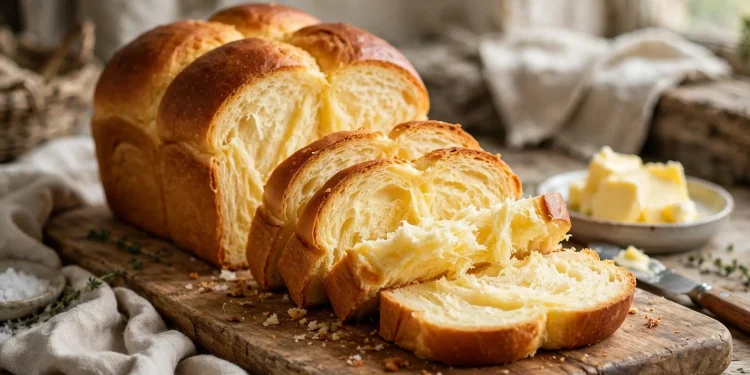 A golden buttery brioche loaf sliced to show its feathery tender yellow crumb, on a wooden cutting board