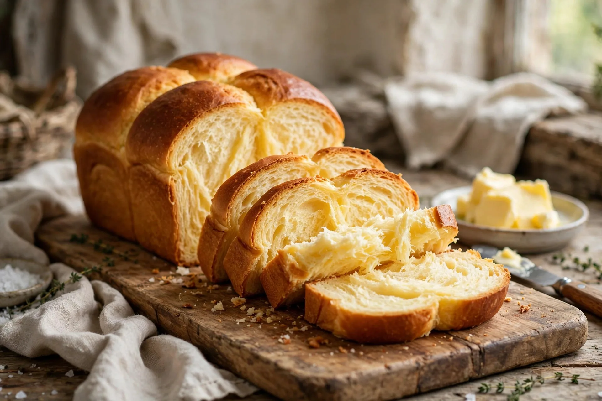 A golden buttery brioche loaf sliced to show its feathery tender yellow crumb, on a wooden cutting board