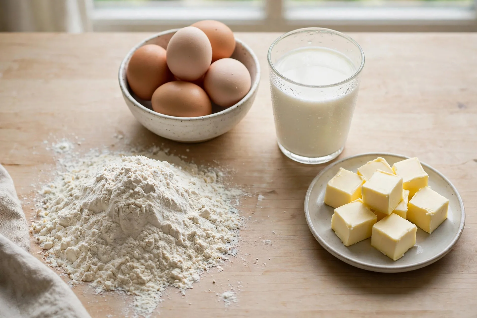 Ingredients for rich brioche bread arranged mise en place: bread flour, fresh eggs, milk, and a plate of soft butter cubes
