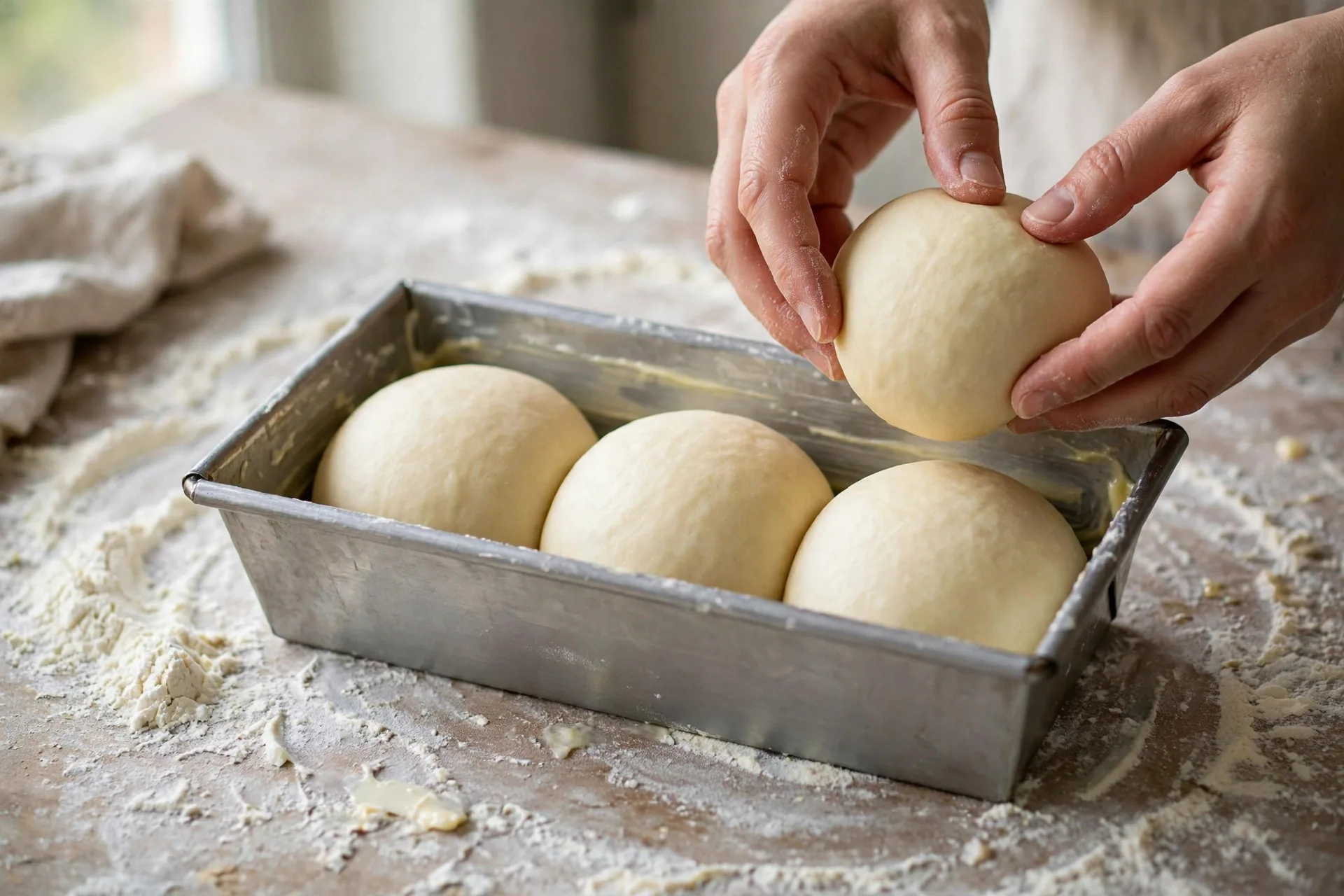 Hands shaping cold brioche dough into four smooth tight balls and arranging them in a buttered loaf pan