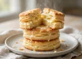 Tall golden flaky buttermilk biscuits, one split open with melting butter