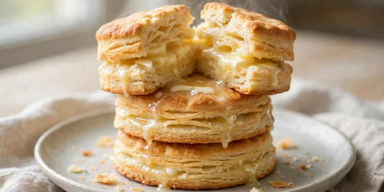 Tall golden flaky buttermilk biscuits, one split open with melting butter