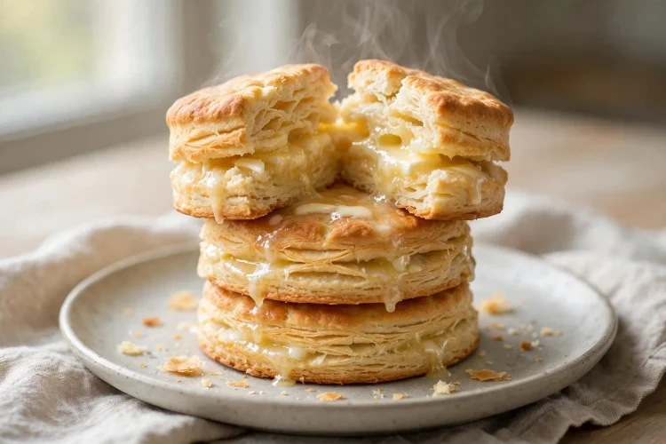 Tall golden flaky buttermilk biscuits, one split open with melting butter