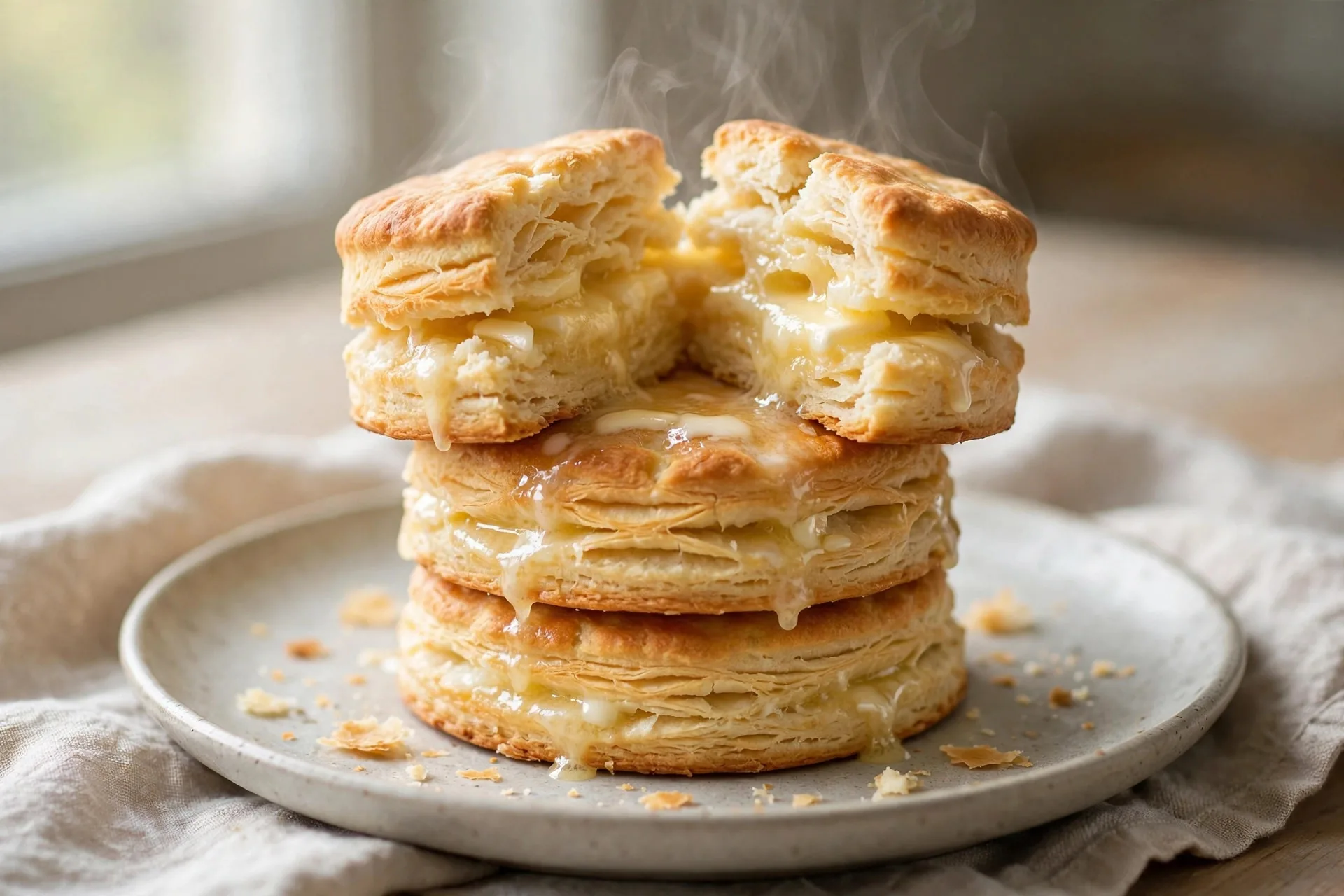 Tall golden flaky buttermilk biscuits, one split open with melting butter