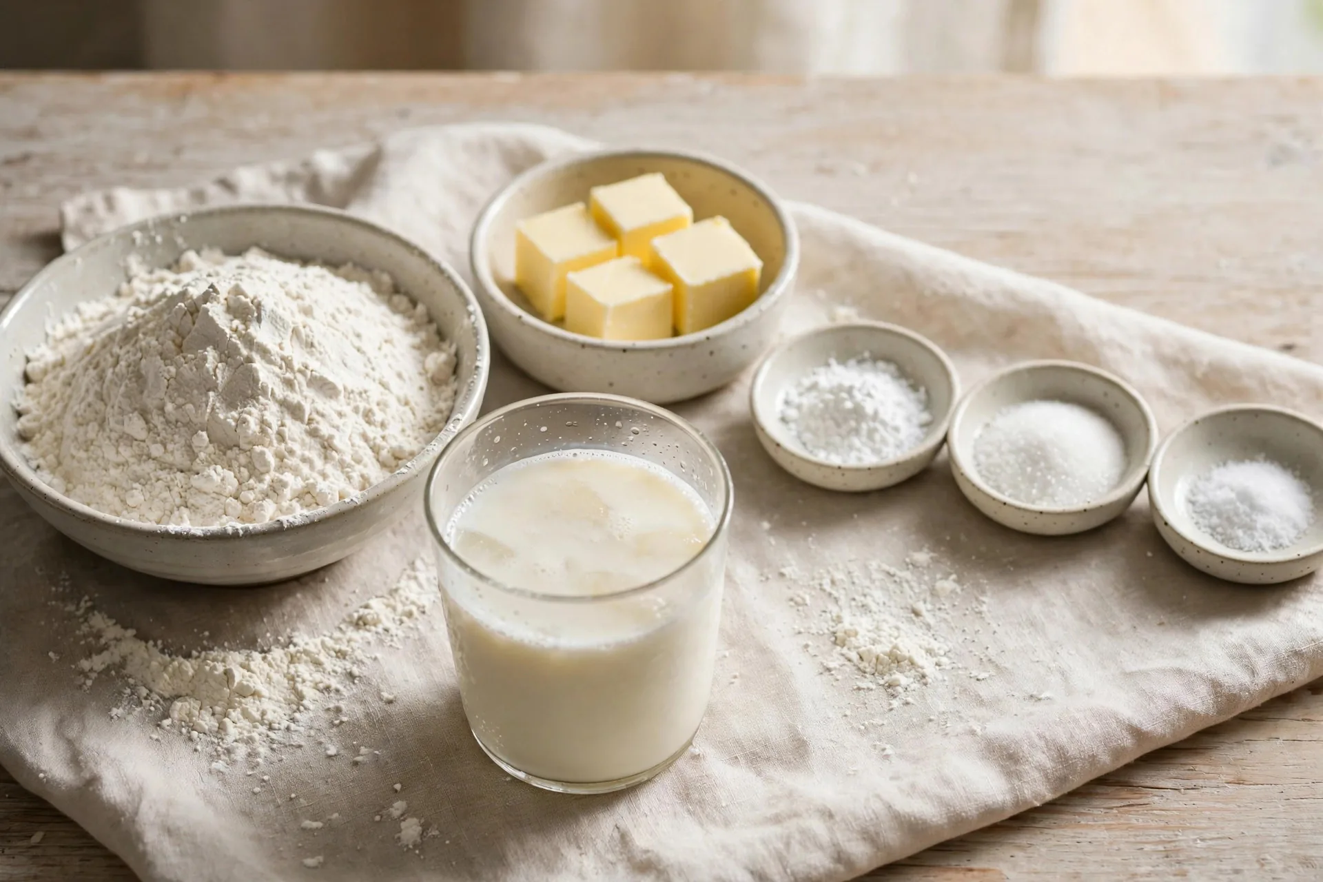 Mise en place for buttermilk biscuits with flour, cold butter, buttermilk, and baking powder