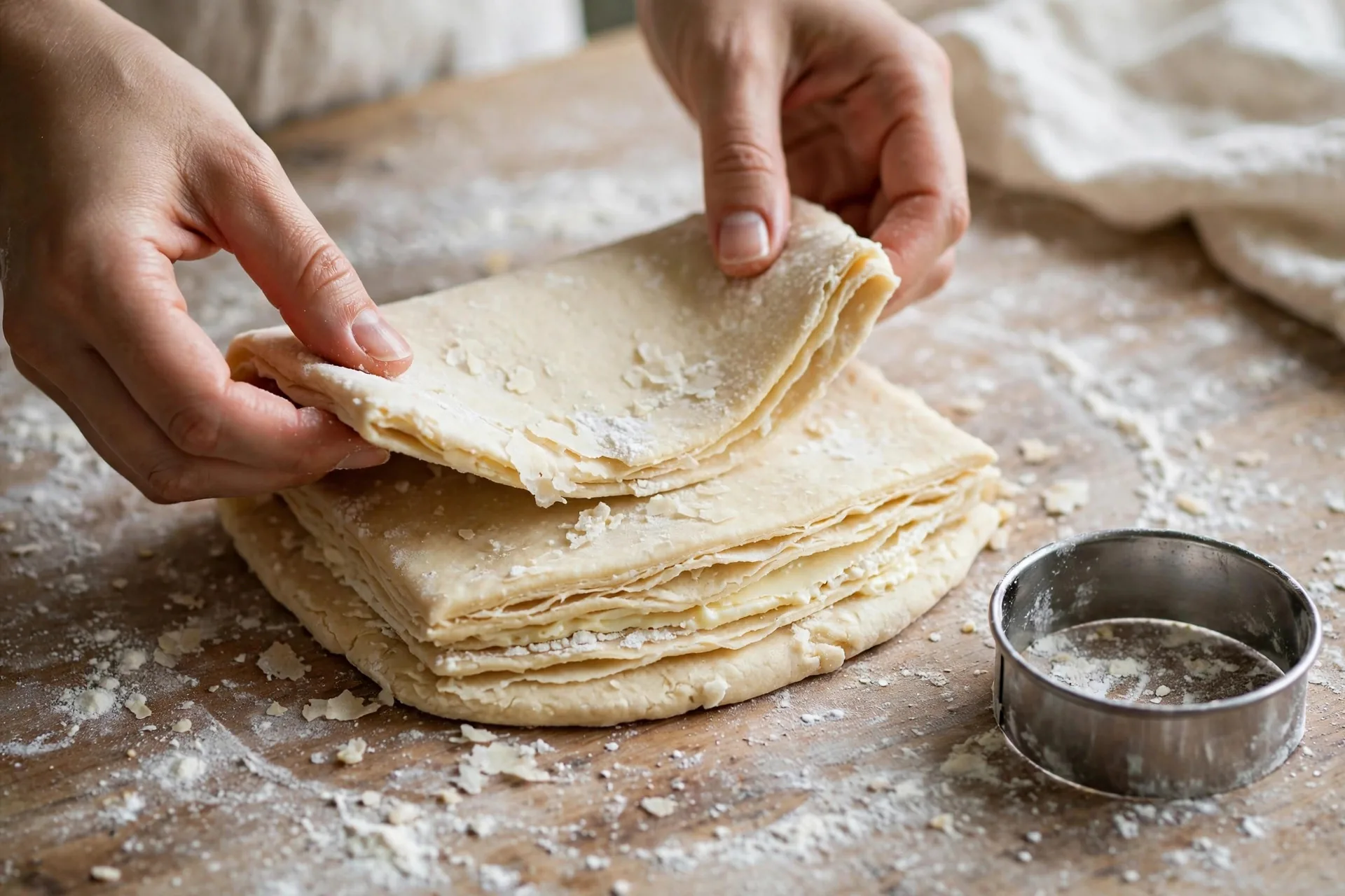 Hands folding biscuit dough like a letter on a floured counter with a round cutter nearby