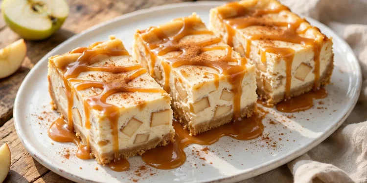 Caramel apple cheesecake bars drizzled with caramel sauce on a white platter