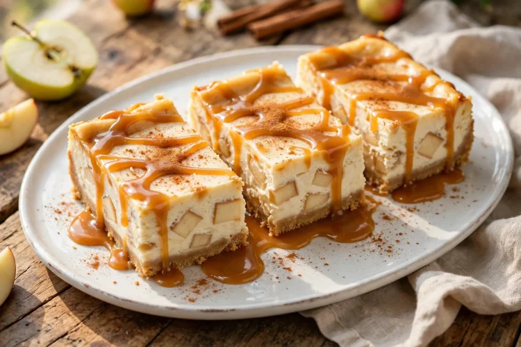 Caramel apple cheesecake bars drizzled with caramel sauce on a white platter