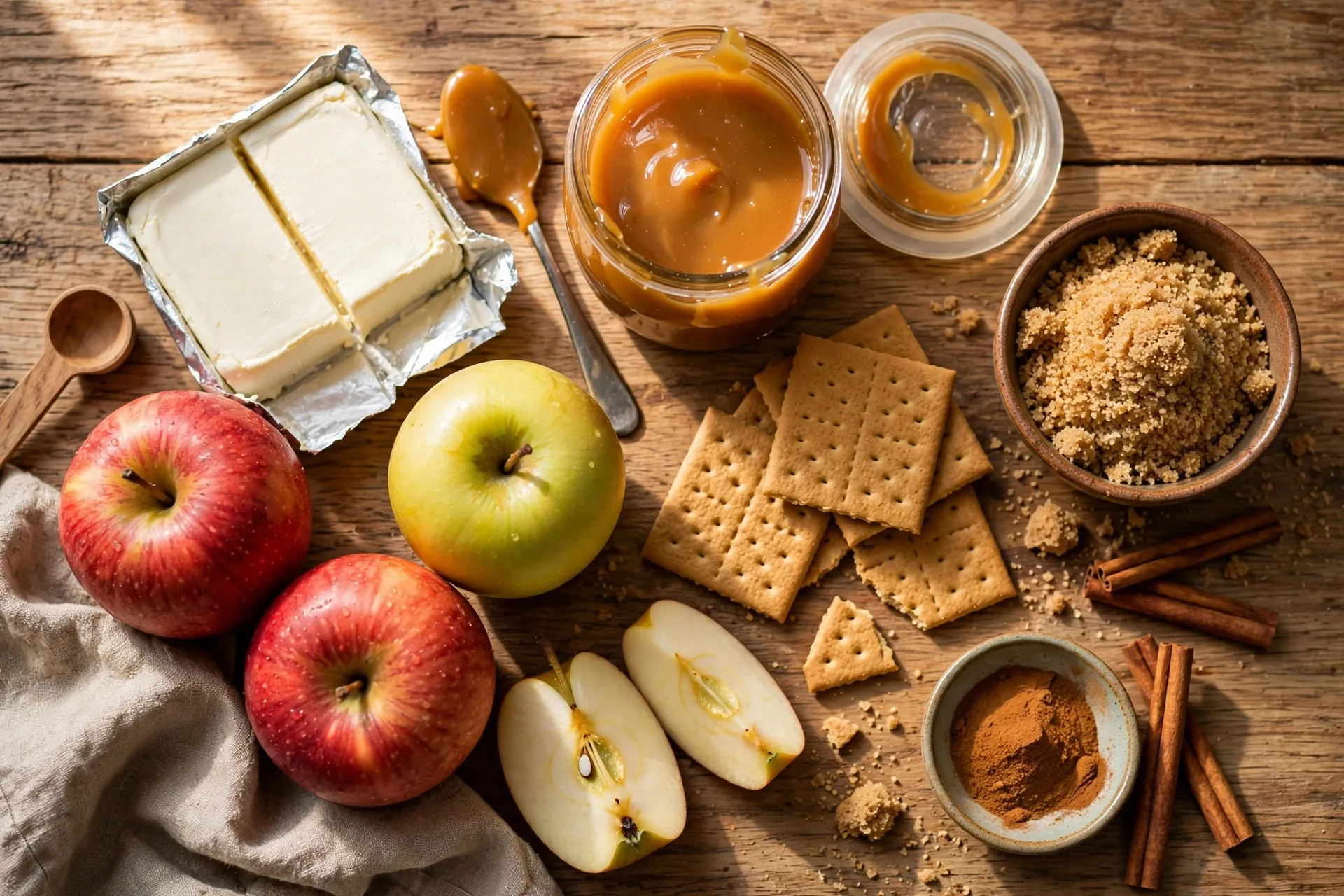 Apples, cream cheese, caramel sauce, graham crackers and cinnamon laid out