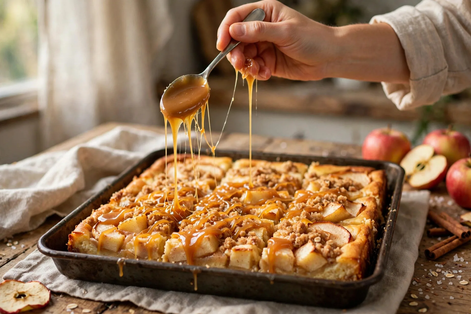 Hands drizzling caramel sauce over a baked pan of apple cheesecake bars