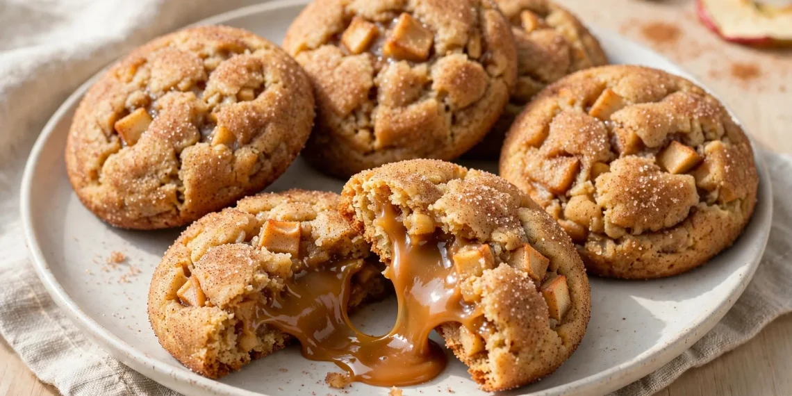 Caramel-stuffed apple cookies on a plate, one broken open showing gooey caramel