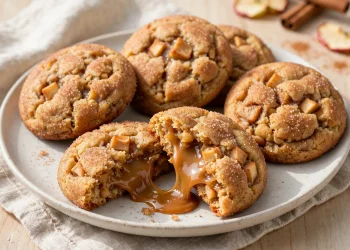 Caramel-stuffed apple cookies on a plate, one broken open showing gooey caramel