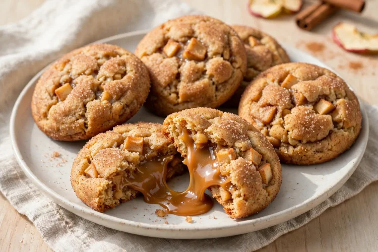 Caramel-stuffed apple cookies on a plate, one broken open showing gooey caramel
