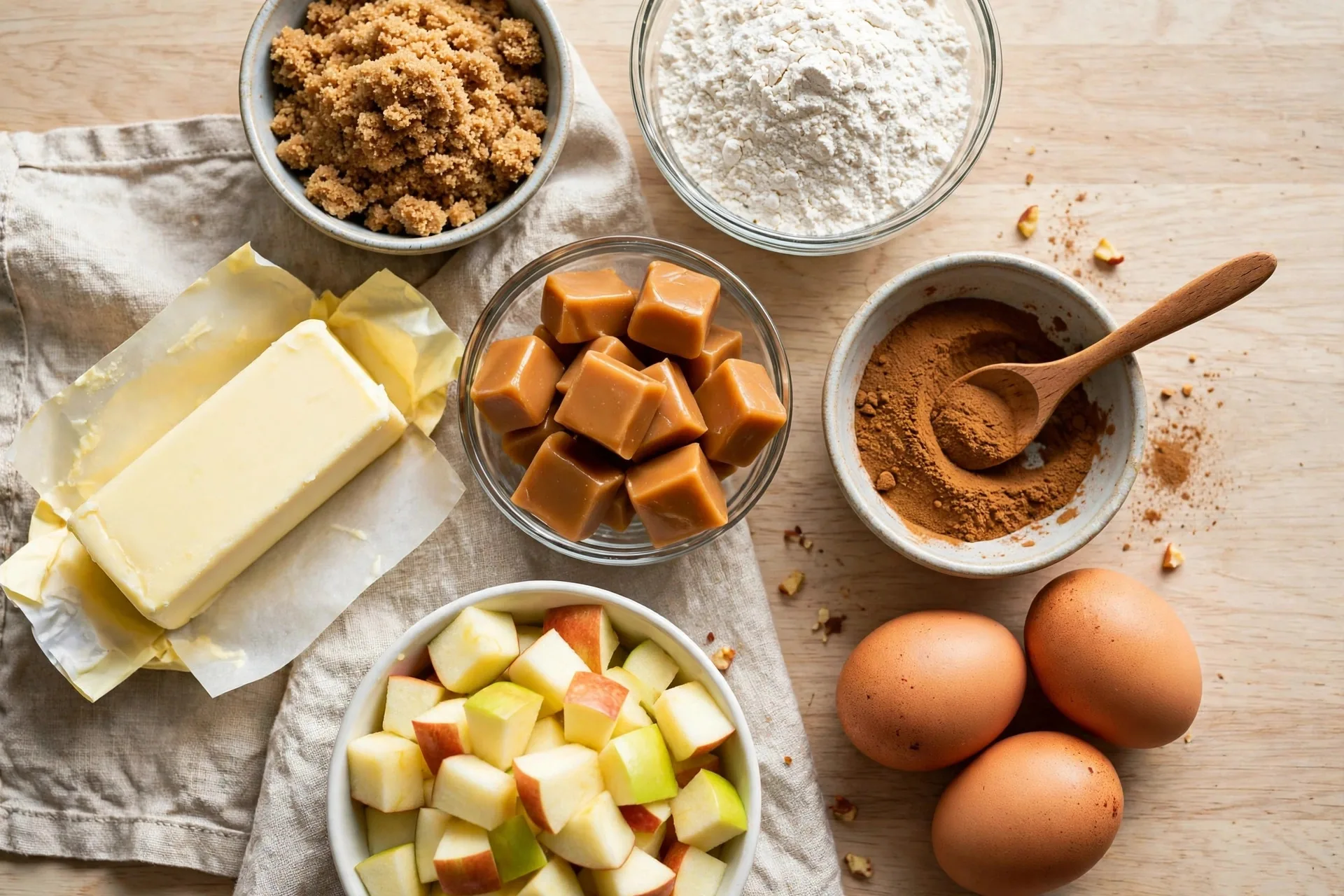 Ingredients for caramel apple cookies: butter, apples, caramels, flour, and cinnamon