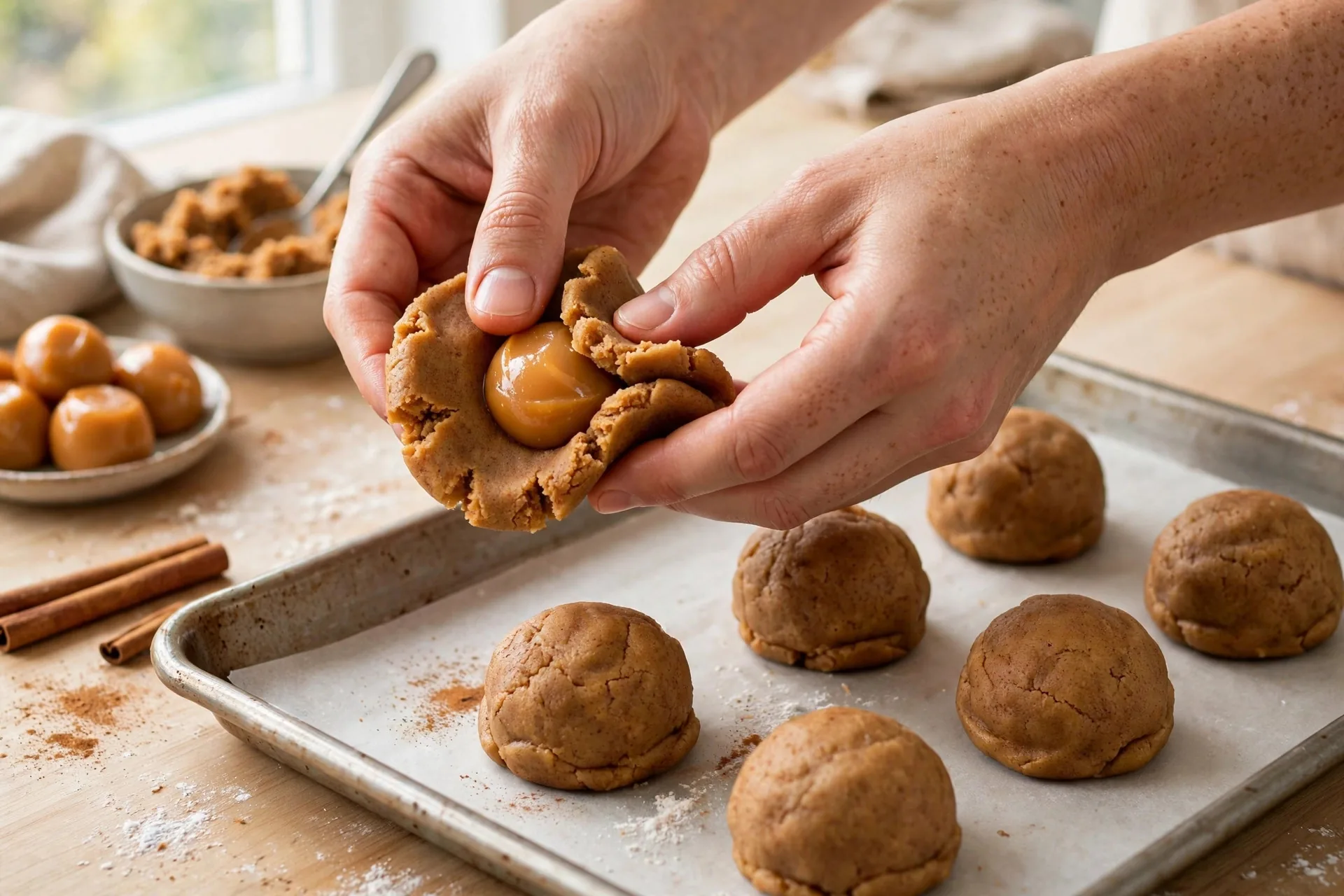 Wrapping cinnamon cookie dough around a soft caramel candy center