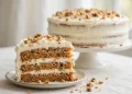 Slice of layered carrot cake with cream cheese frosting