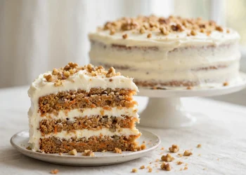 Slice of layered carrot cake with cream cheese frosting