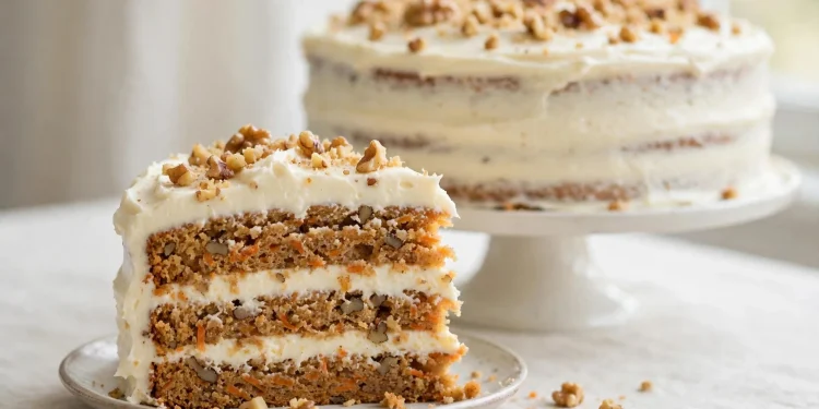 Slice of layered carrot cake with cream cheese frosting