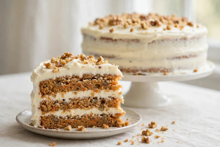 Slice of layered carrot cake with cream cheese frosting