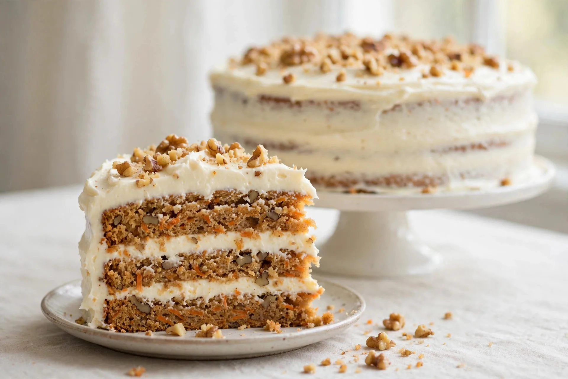 Slice of carrot cake with cream cheese frosting and walnuts