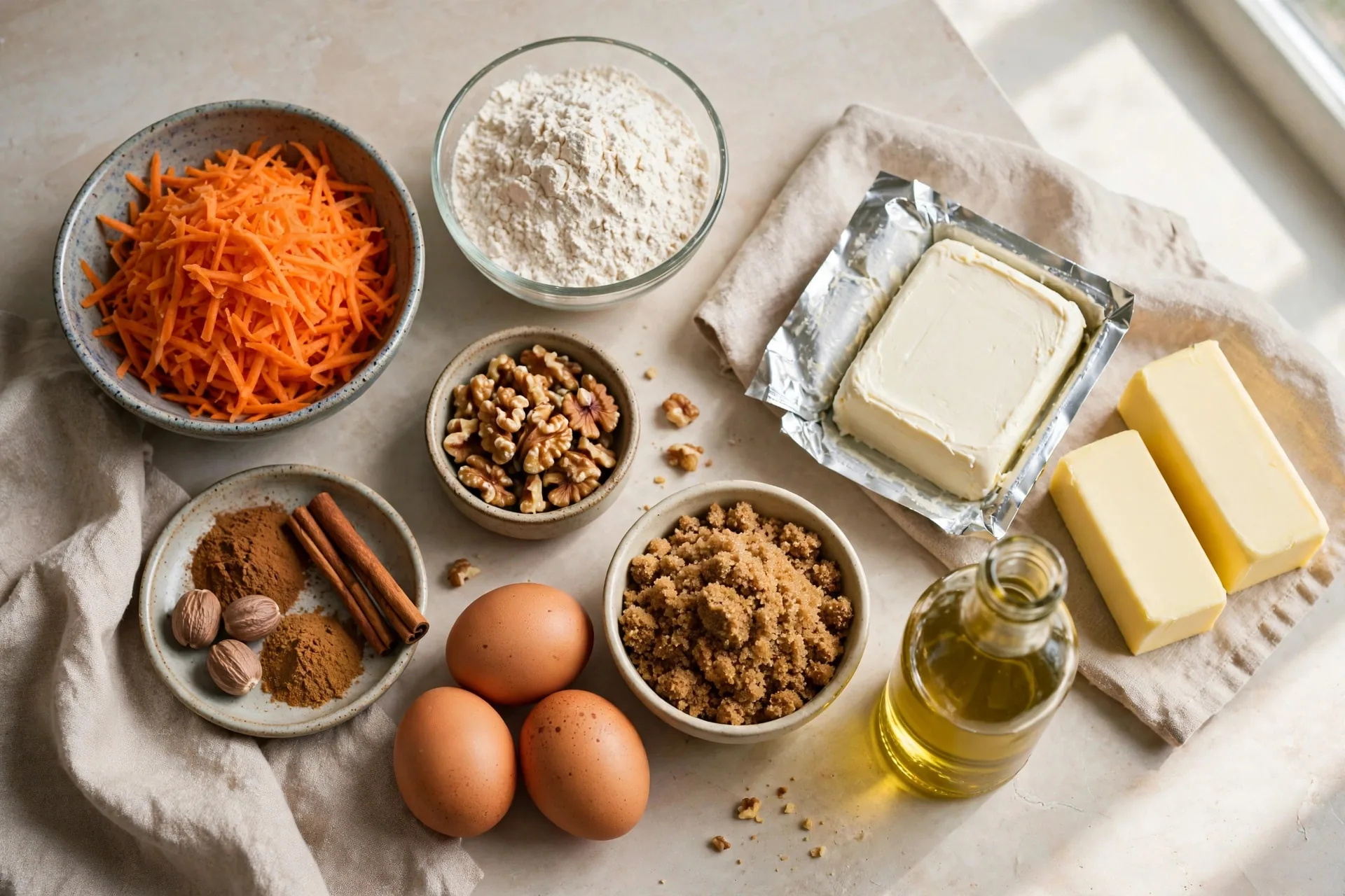 Grated carrots, flour, walnuts, spices, cream cheese, and butter for carrot cake