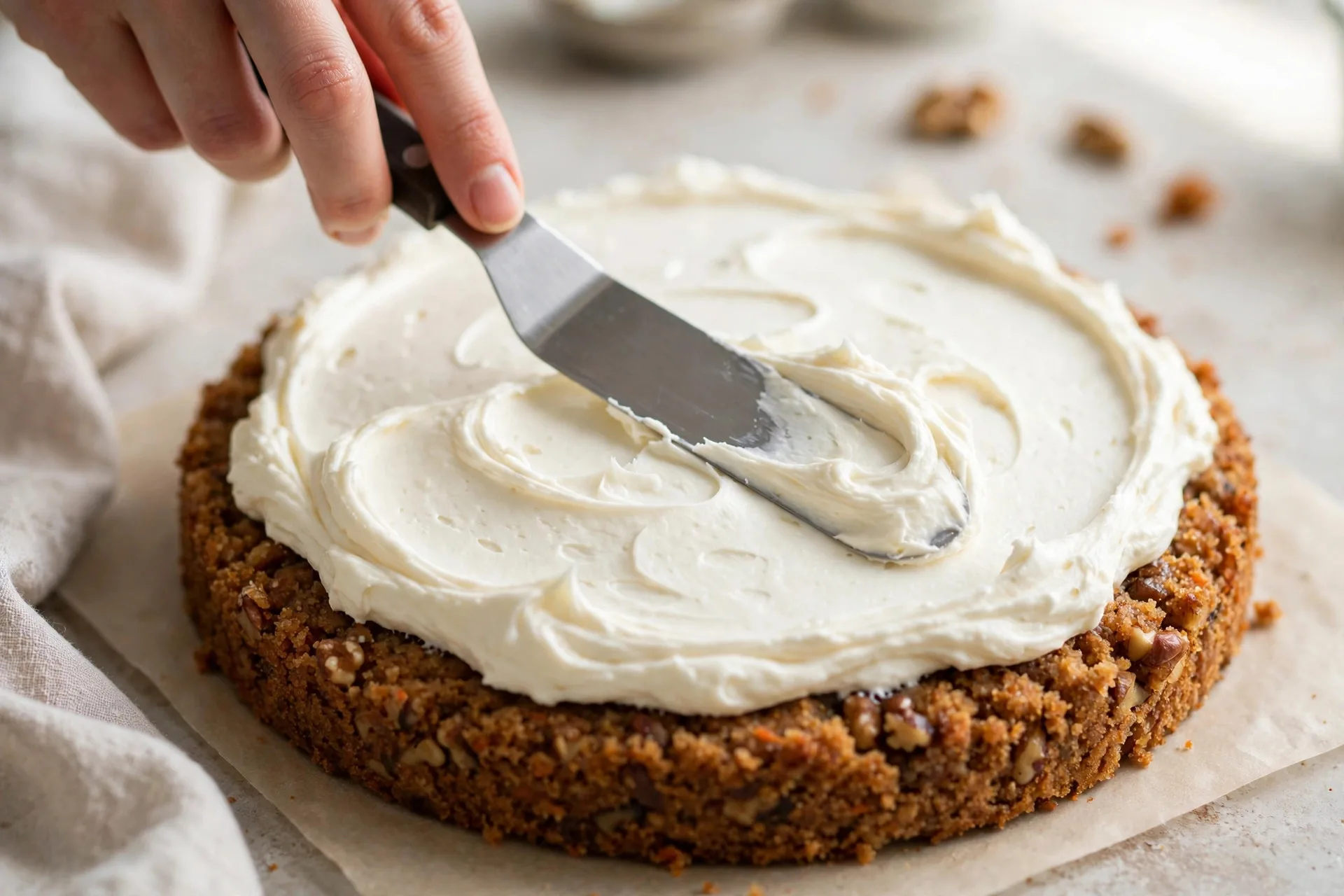 Spreading cream cheese frosting on a carrot cake layer with a spatula