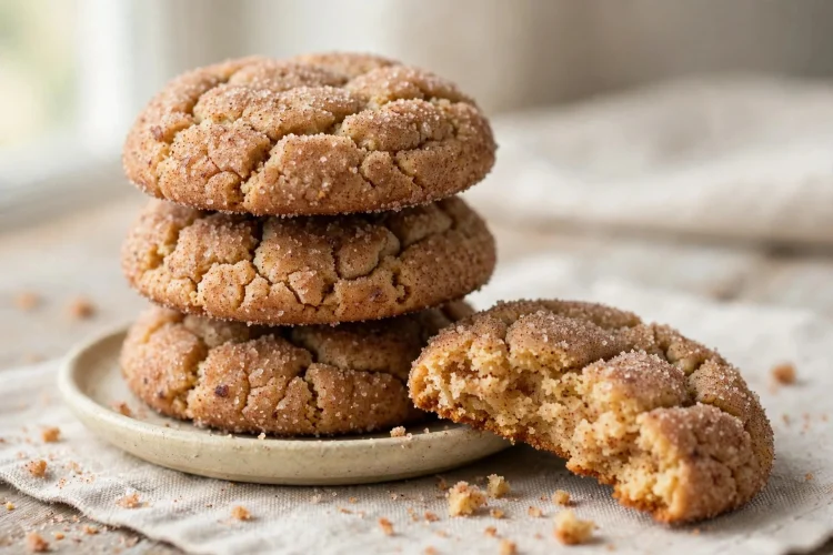 Chai snickerdoodle cookies stacked on a plate