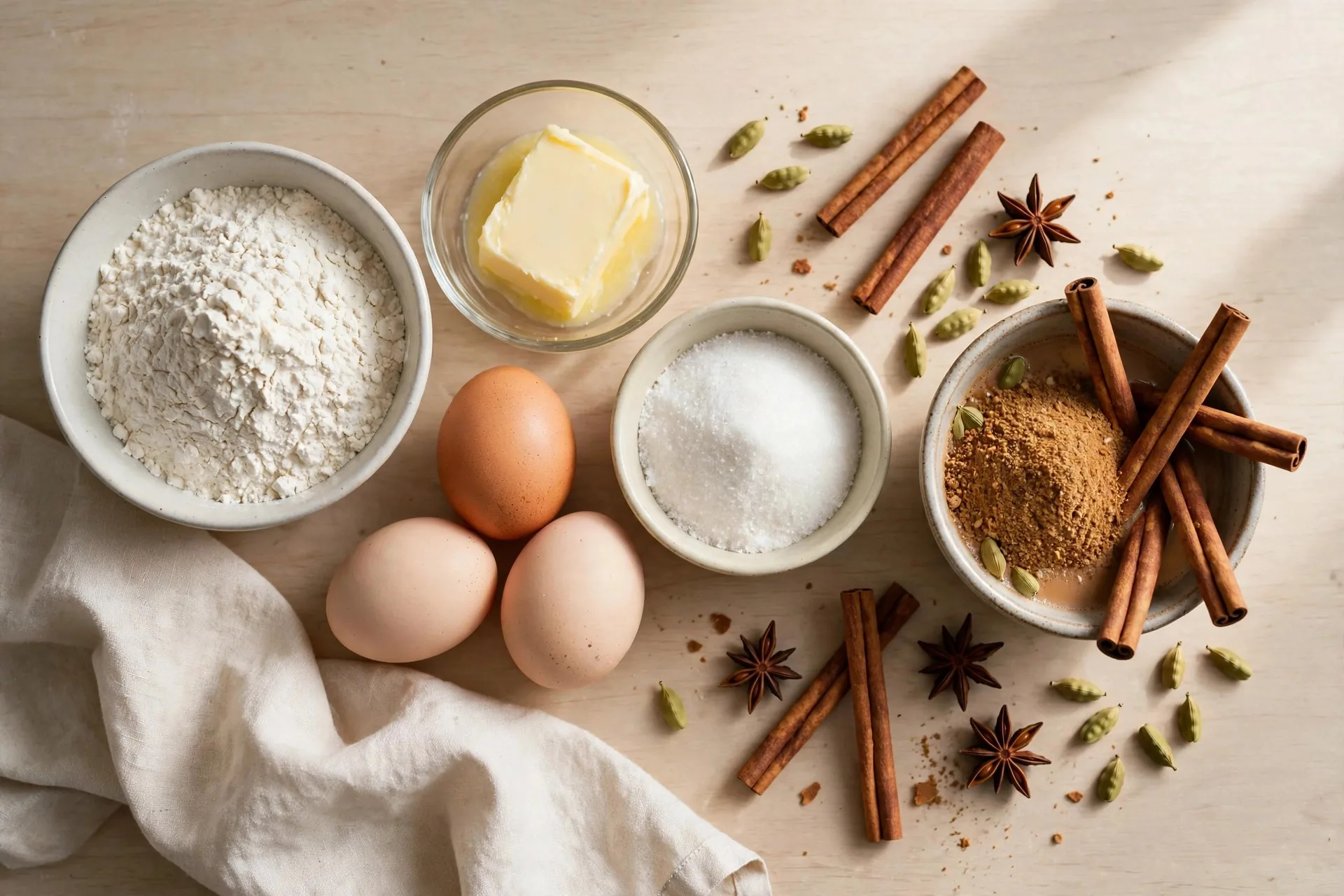 Flour, butter, sugar, eggs, and chai spices for snickerdoodles