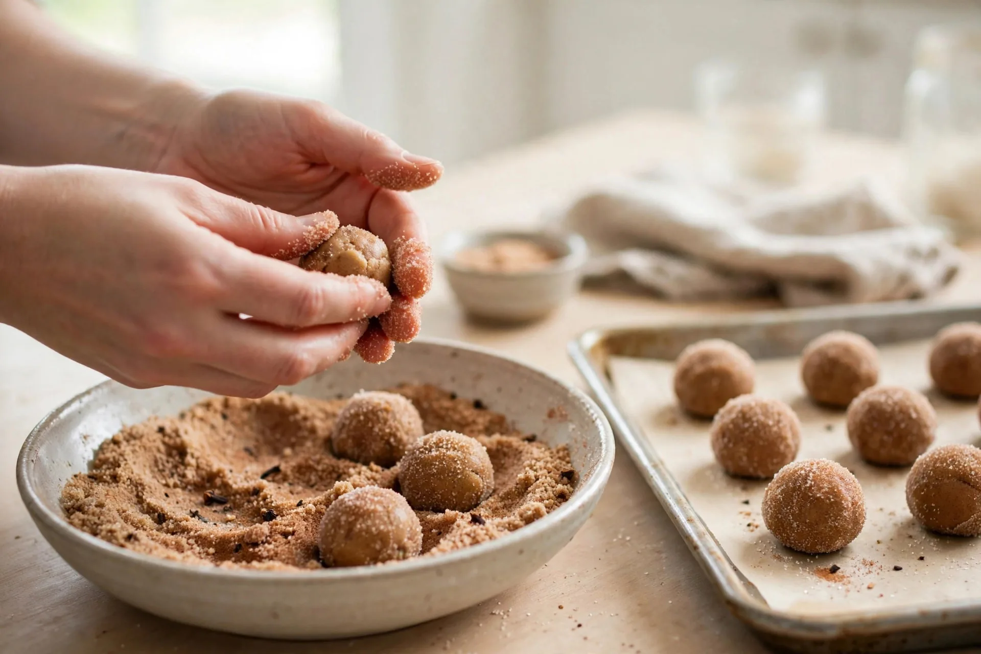 Rolling balls of cookie dough in cinnamon chai sugar