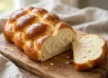 Golden braided challah bread loaf with glossy egg wash and a slice showing the soft crumb