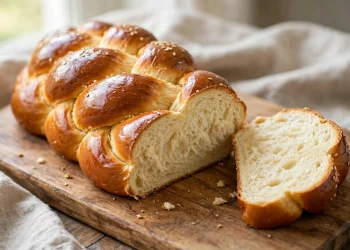 Golden braided challah bread loaf with glossy egg wash and a slice showing the soft crumb