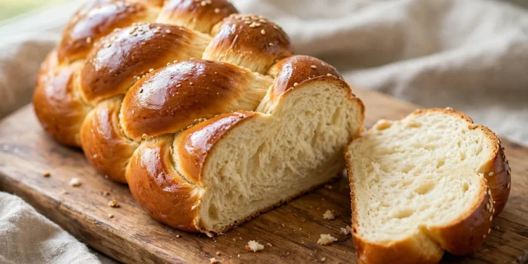 Golden braided challah bread loaf with glossy egg wash and a slice showing the soft crumb