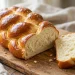 Golden braided challah bread loaf with glossy egg wash and a slice showing the soft crumb
