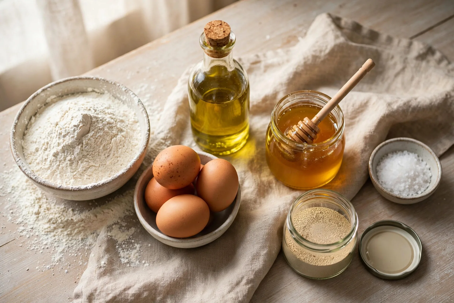 Ingredients for challah bread including flour, eggs, honey, oil, and yeast on a counter