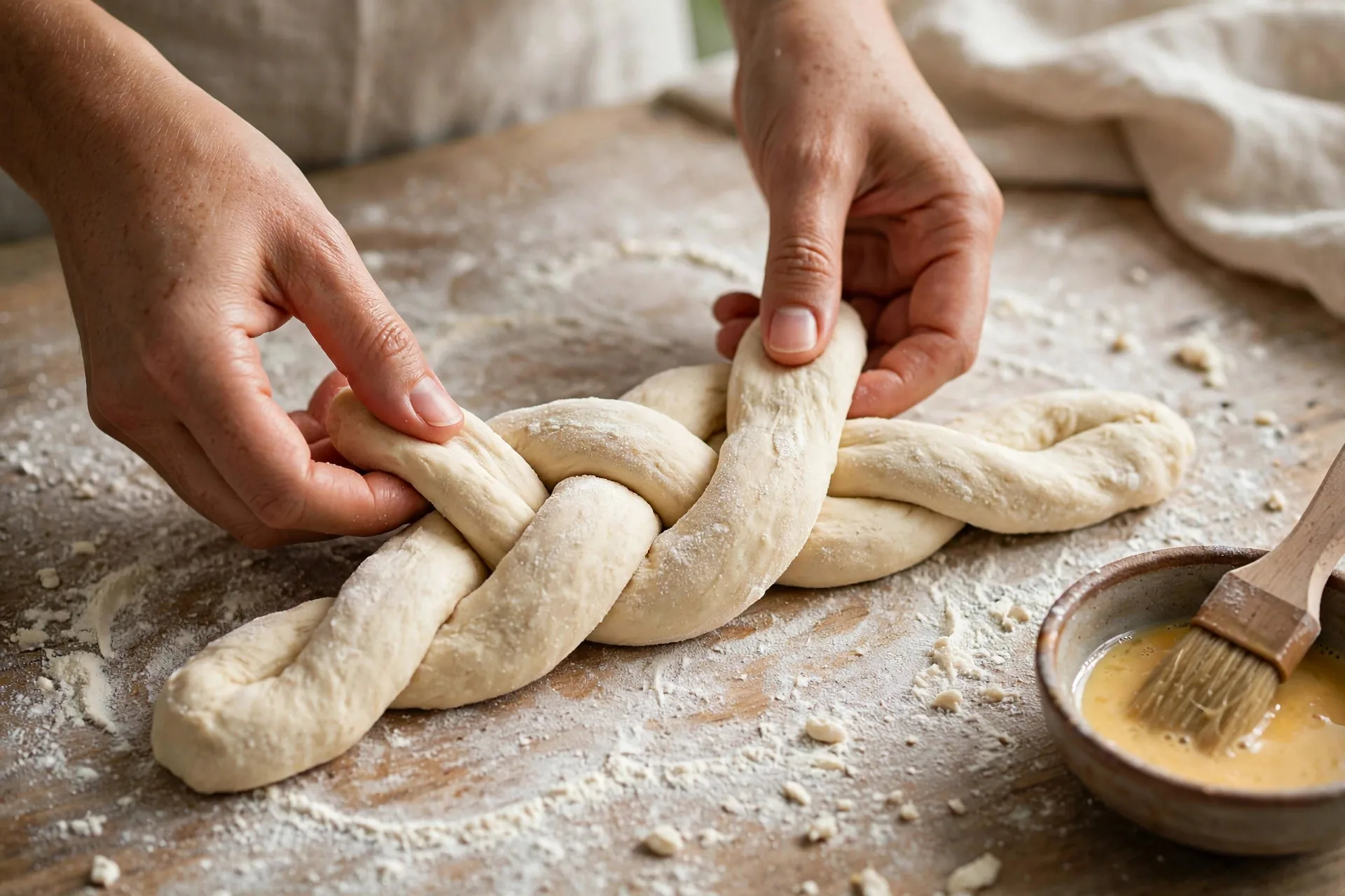 Hands braiding three strands of challah dough on a floured wooden surface