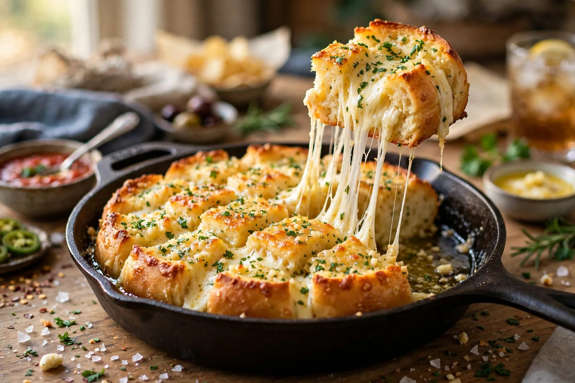 Cheesy garlic bread pull-apart in a cast iron skillet with a piece lifted showing melted mozzarella stretch