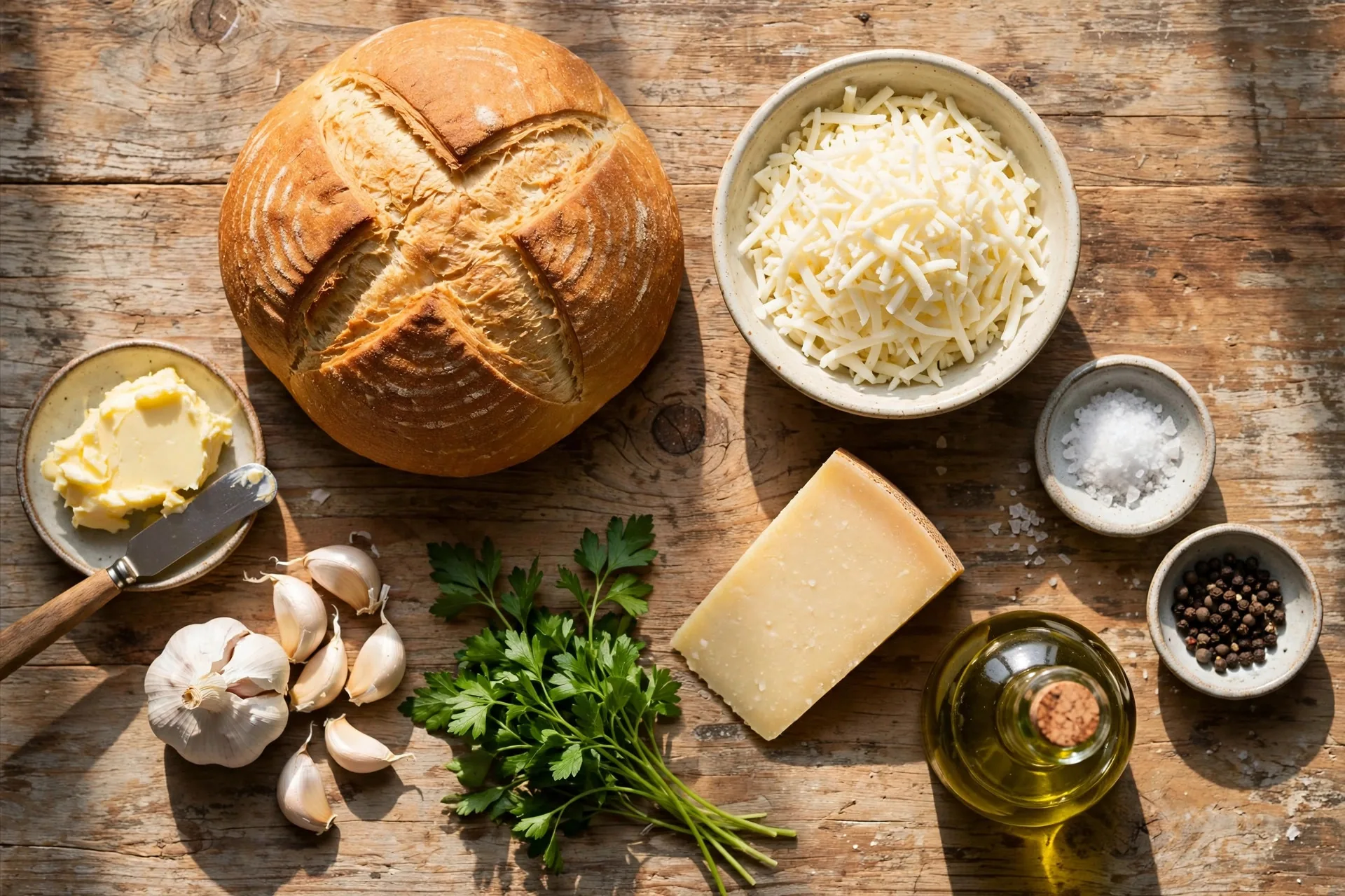 pull-apart bread ingredients flat lay with bread loaf, mozzarella and garlic