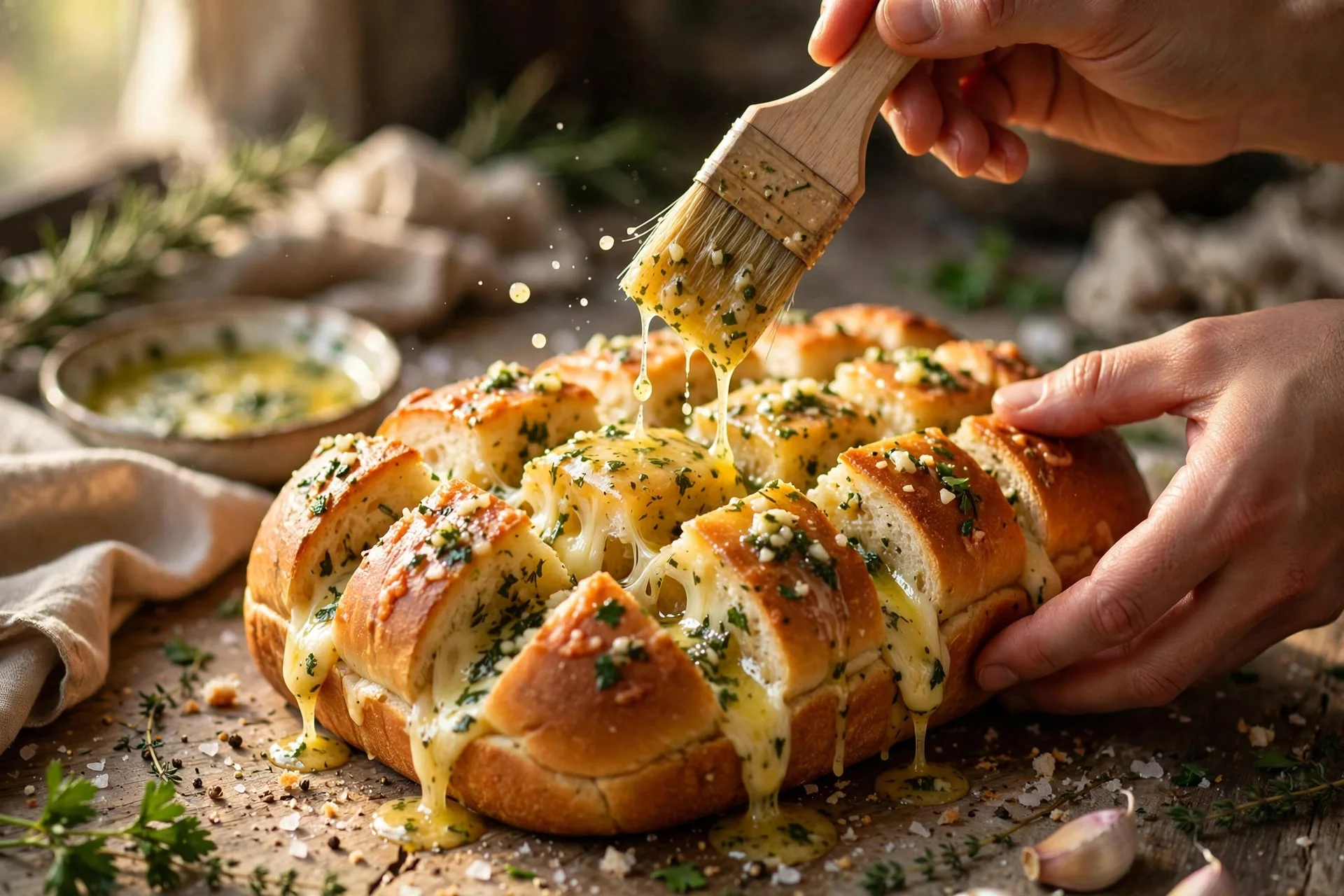 brushing garlic butter onto cheese-stuffed pull-apart bread