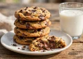 Stack of golden chewy chocolate chip cookies with melted chocolate on a white plate