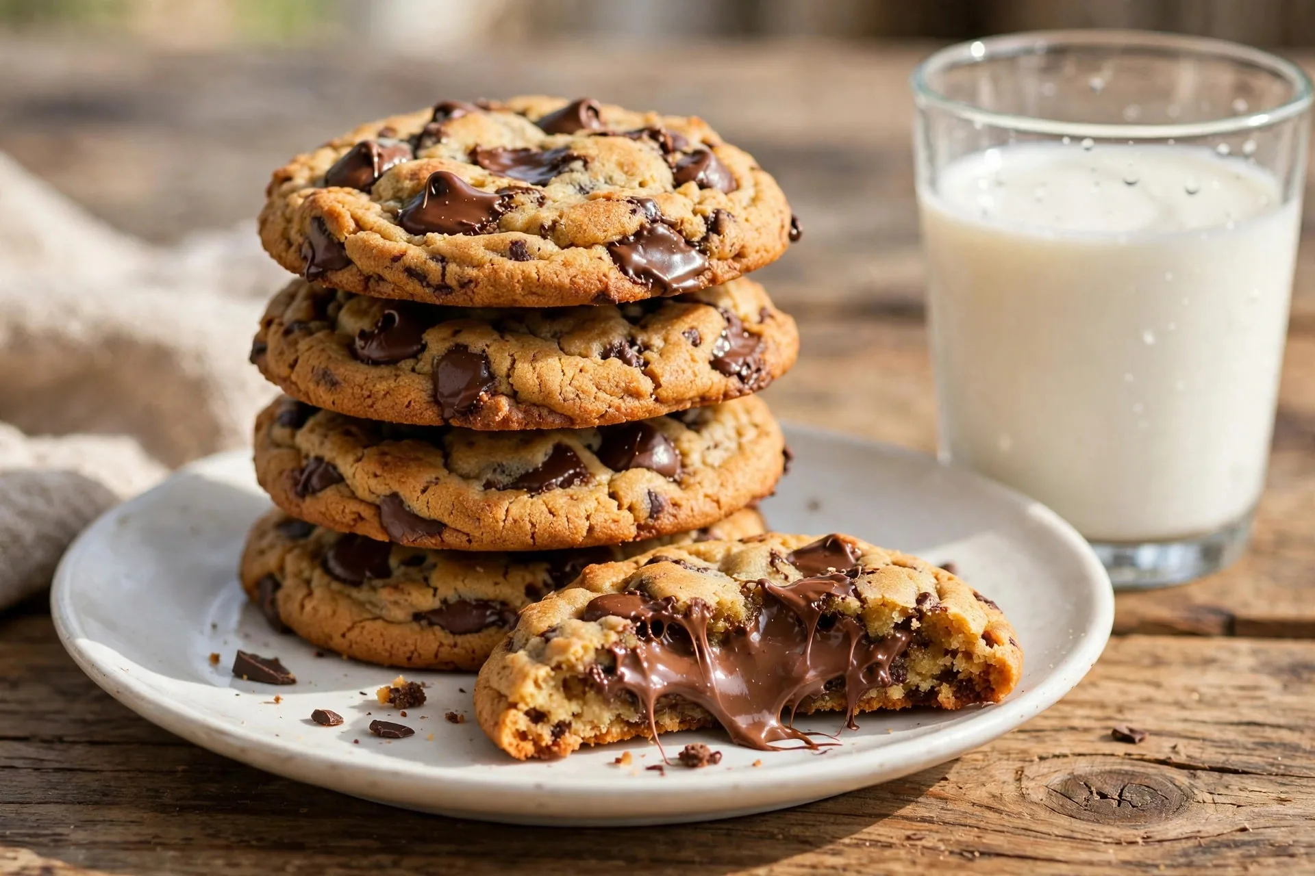 Stack of chewy chocolate chip cookies with melted chocolate chips on a white plate