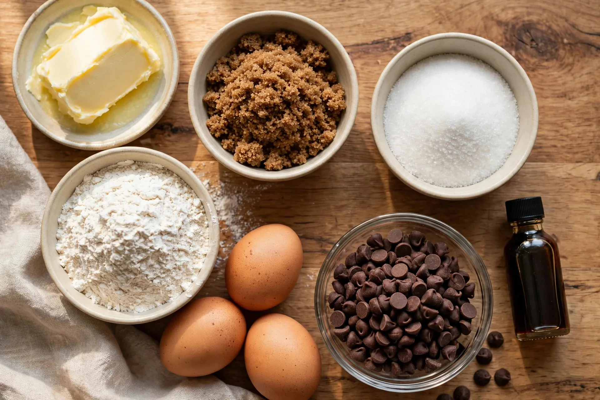 Butter, sugars, eggs, flour and chocolate chips laid out for cookies